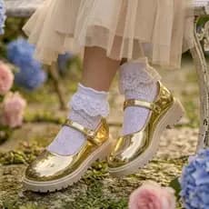 Sapato Sapatilha Menina Mary Jane Tratorada Infantil Boneca Dourada Fashion Confortável