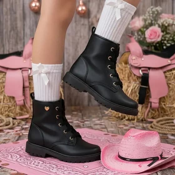 Coturno Bota Menina Infantil Preto Boiadeira Feminino Coração Dourado Confortável Antiderrapante
