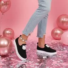 Tênis Infantil Menina Hello Kitty Rosa Vermelha Calce Fácil Slip On Macio Confortável Antiderrapante