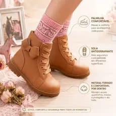 Bota Coturno Infantil Menina Boiadeira Country Festa com Laço Caramelo Antiderrapante