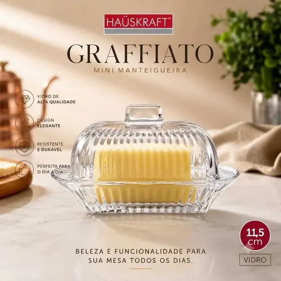 Manteigueira de Vidro com Tampa Hauskraft Graffiato 11,5cm | Porta Manteiga de Mesa | Manteigueira de Vidro Elegante