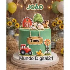 Topo de Bolo Fazendinha Personalizado Nome e Idade - Topper Cake Fazenda com Bichinhos