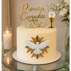 Topo de Bolo Primeira Comunhão 3D Personalizado | Espírito Santo, Cálice e Cruz | Batizado e Crisma | Dourado e Branco