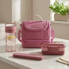 Bolsa Térmica Pote Marmita Garrafa Porta Talher Rosa Kit Com 4 Peças