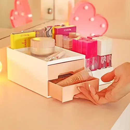 Organizador de Mesa Multifuncional Rosa com gavetas Organizador De Maquiagem, mesa de trabalho e escritorio
