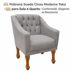 Poltrona Teka Suede Cinza 🩶✨ Luxo Confortável Sala Quarto Decoração Moderna