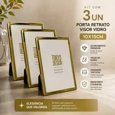 Kit 3 Porta Retrato 10X15 em Metal e visor vidro Brilhoso Dourado