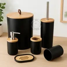 Kit Banheiro Conjunto 6/4 /2 Peças Completo Lixeira Tampa Basculante Bambu Lavabo Escova Sanitária