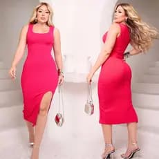 Vestido Midi Feminino com Fenda Canelado Regata Tecido Encorpado Elegante Noite Festas Fim de Ano