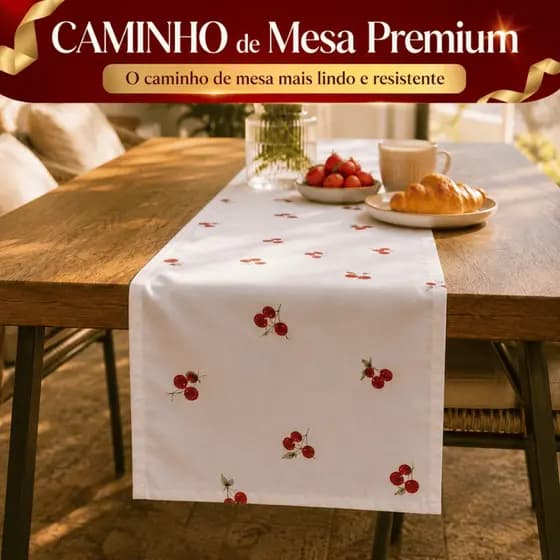 Caminho de Mesa Cereja Branco 1,20m Trilho Premium Decoração
