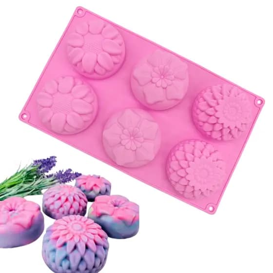 Molde de Silicone Sabonete Artesanal 90g Flores Variadas Velas Bolinho Doces Forma 6 Cavidades DIY