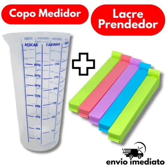 Copo Medidor 500ml Graduado com Bico + Kit Lacra Embalagem 5 Peças Multiuso