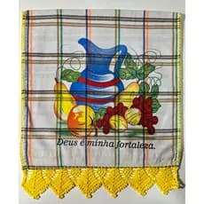 Pano de Prato Mesa Cozinha 100% Algodão com Barrado em Crochê 45cm x 75cm Xadrez com Estampa