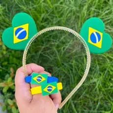 Tiara Orelhinha Brasil Copa do Mundo com Glitter | Tiara Infantil Brasil Verde Amarelo Torcida Hexa