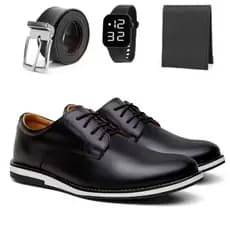 Kit Sapato Masculino Oxford Derby Casual De Couro Legitimo Sport Fino Com Solado Leve Macio + Cinto Carteira e Relogio