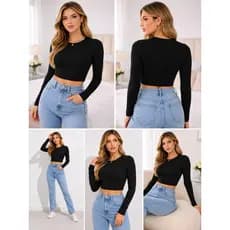 Cropped Manga Longa Feminino Preto Básico Justo Moda Blogueira Estima Fênix