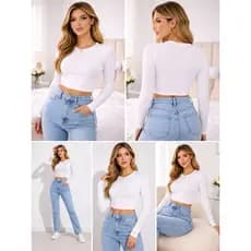 Cropped Manga Longa Feminino Básico Justo Casual Moda Blogueira Estima Fênix