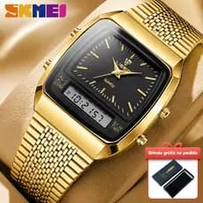 SKMEI L1030 Relógio Masculino Quartzo Analógico Digital Pulseira Malha Aço Inoxidável Dourado Elegante Negócios