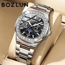 BOZLUN BZ-037 Relógio Masculino Analógico Quartzo Aço Inoxidável Calendário 3ATM Resistente à Água Elegante