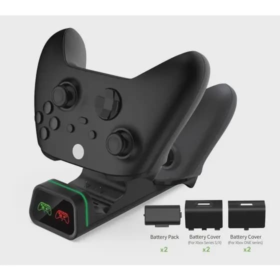 Carregador Duplo com LED para Controles Xbox Series ou Xbox One Acompanha Base de Recarga Dupla + Carregador Duplo + 2 Baterias Recarregáveis