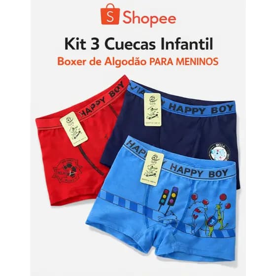 Kit 3 Cuecas Boxer Infantil Menino Algodão Confortável Estampada