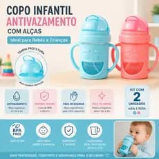 KIT Copo Infantil Antivazamento 300 ML com Alça e Canudo – Kit 2 Unidades, Seguro e Prático para Bebês