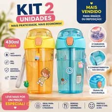 Kit 2 Copos Infantis 430ml com Canudo Duplo e Compartimentos Separados *Antivazamento, BPA Free, Ideal para Escola *****