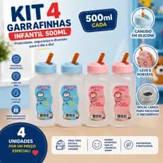 Kit 4 Garrafinhas Infantis 500ml com Canudo de Silicone – Antivazamento, BPA Free, Ideal para Escola e Passeios