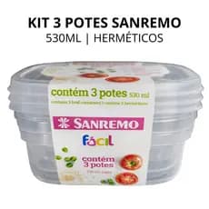 Kit 3 Potes Sanremo 530ml Quadrado Hermético | Não Vaza | BPA Free | Ideal Marmita e Geladeira