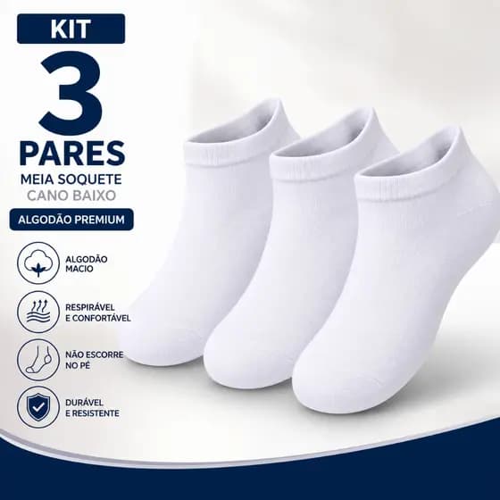 Kit 3 Pares Meia Soquete Cano Baixo Algodão Premium Macia Confortável Masculina Feminina 40-46