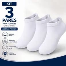 Kit 3 Pares Meia Soquete Cano Baixo Algodão Premium Macia Confortável Masculina Feminina 40-46
