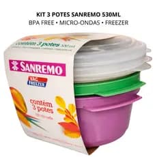 Kit 3 Potes Redondos Sanremo 530ml Hermético BPA Free Tampa Vedação Micro-ondas e Freezer