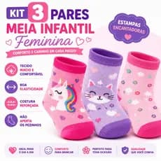 Meia Infantil Feminina Kit 3 Pares Algodão Confortável Estampas Sortidas