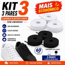 Kit 3 Pares Cadarço Elástico Infantil 60cm Chato 9mm Branco Preto Ajuste Confortável