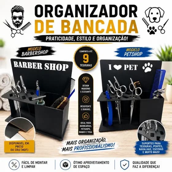 Porta Tesouras Porta Pentes Navalhetes Escovas Barbearia ou Petshop Tosa Preto Cru Bancada
