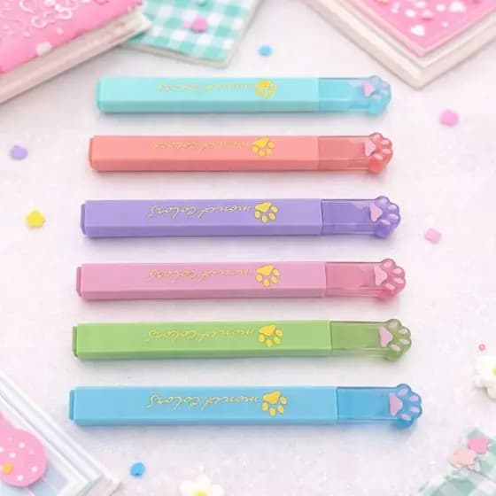 Kit 6 Marca Texto Patinha De Gato Papelaria Fofa Tons Pastel