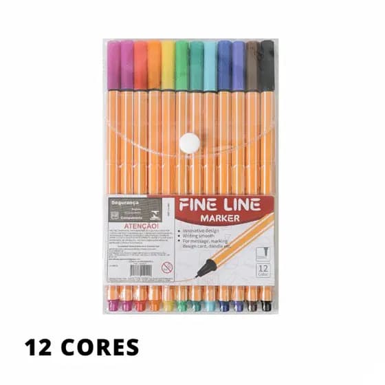 Kit 12 Canetas Cores Fine Line Ponta Fina 0.4mm 1ª Linha Amarela Coloridas