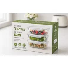 Pote De Vidro Com Tampa Hermética Kit Com 3 Potes 370 ML