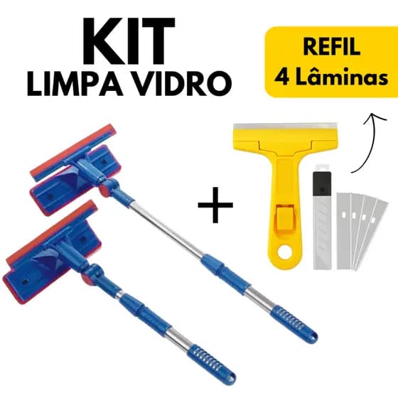 KIT Rodo Limpa Vidro + Raspador Limpar Box Vidro Piso Cerâmica Azulejo + 4 Laminas