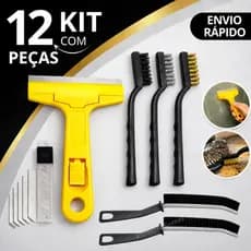KIT 3 Escova Aço Latão Nylon + Raspador Com 6 Lâminas e Escova Cantos Multiuso Limpeza Box Piso Vidro