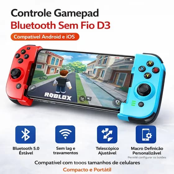 Controle Gamepad Bluetooth Sem Fio D3 Telescópico Ajustável Para Celular Android IOS PUBG COD