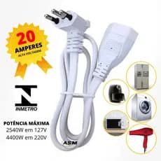 Extensão elétrica 20 AMPERES Cordão prolongador curvo para alta potencia com 80cm