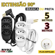 EXTENSÃO ELÉTRICA 3 E 5 METROS PLUG 90 GRAUS BIVOLT CABO REFORÇADO 10 AMPERES EXTENSÃO DE 3 TOMADAS