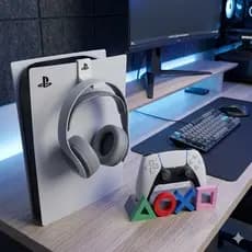 Suporte Headset Headphone Ps5 Clip Lateral Console + Suporte Controle Dualsense PS5 Design Moderno símbolo letreiro