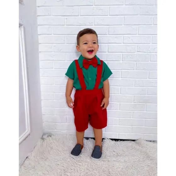Conjunto Suspensório Natal Bebê Menino Roupa de Natal Masculina Suspensório Gravata Short Conjunto Natalino Bebês Menino