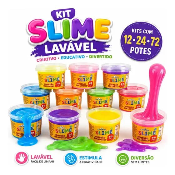 Slime Lavável Infantil Colorido Kit 72 unidades Sensorial Educativo Brinquedo Criativo Festa Escola Lembrancinha