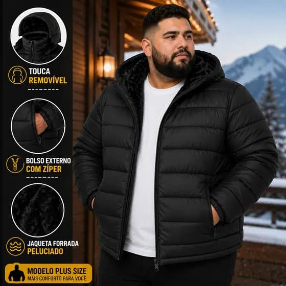 Jaqueta Puffer Plus Size Bobojaco Masculina Forrada Peluciada Capuz Removível Corta Vento Blusa Inverno Frio Estilosa