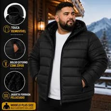 Jaqueta Puffer Plus Size Bobojaco Masculina Forrada Peluciada Capuz Removível Corta Vento Blusa Inverno Frio Estilosa