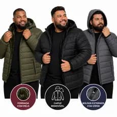 Jaqueta Masculina Plus Size Bobojaco Puffer Inverno Forrada Peluciada Capuz Removível Corta vento Proteção Frio Intenso