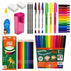 Kit Material Escolar Completo Infantil Volta as Aulas Lápis de Cor Canetinhas Bic Apontador Cola Marca Texto Borracha